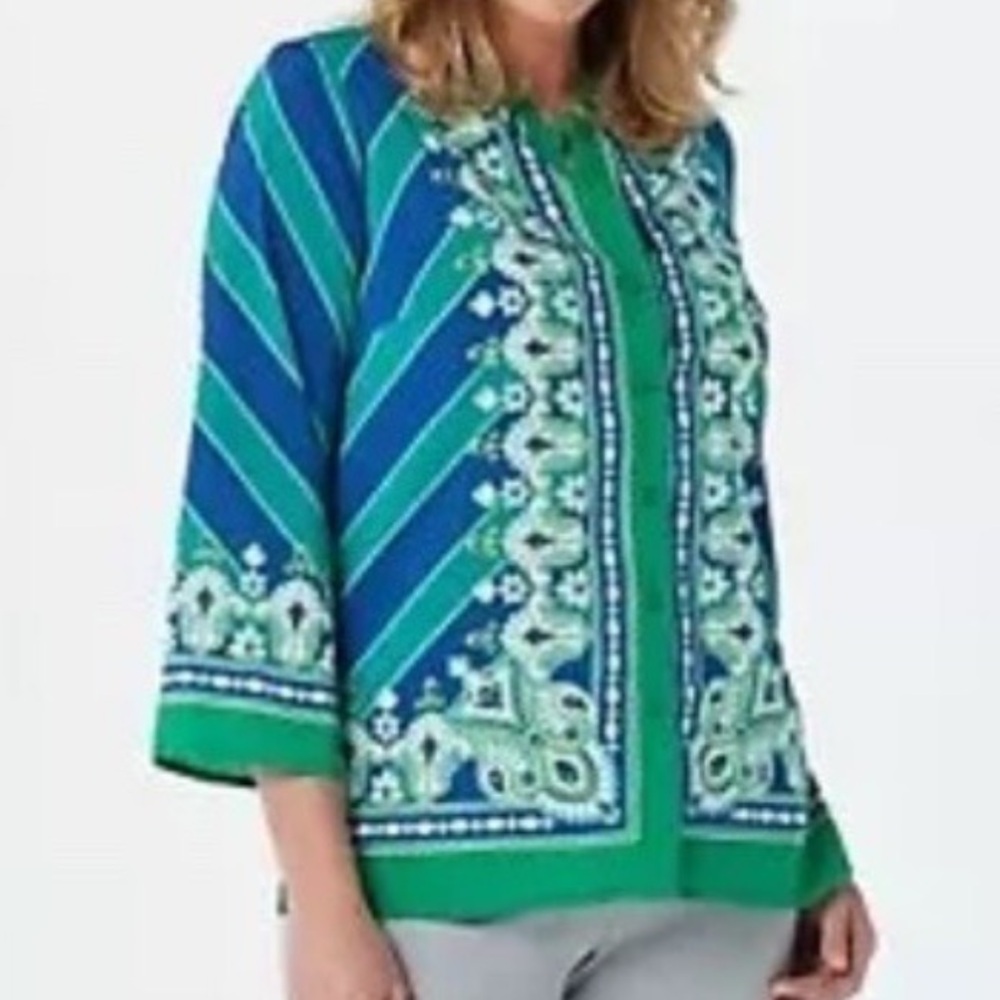 Bob Mackie Blues Green and White Wearable Art Button Front Blouse | Size Mediim